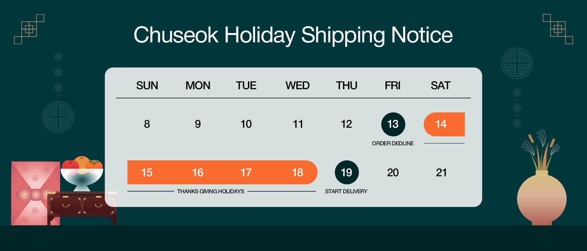 CHOSEOK HOLIDAY SHIPPING NOTICE (September 14th to September 18th KST)