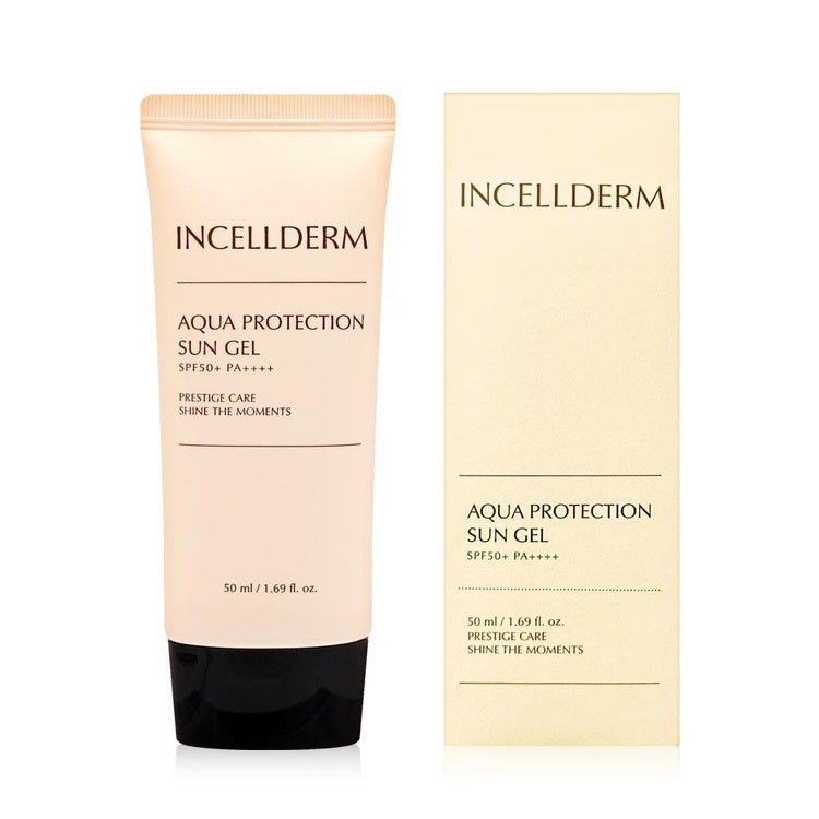 INCELLDERM Aqua Protection Sun Gel SPF50 PA++++ 50ml in a white bottle with blue accents.