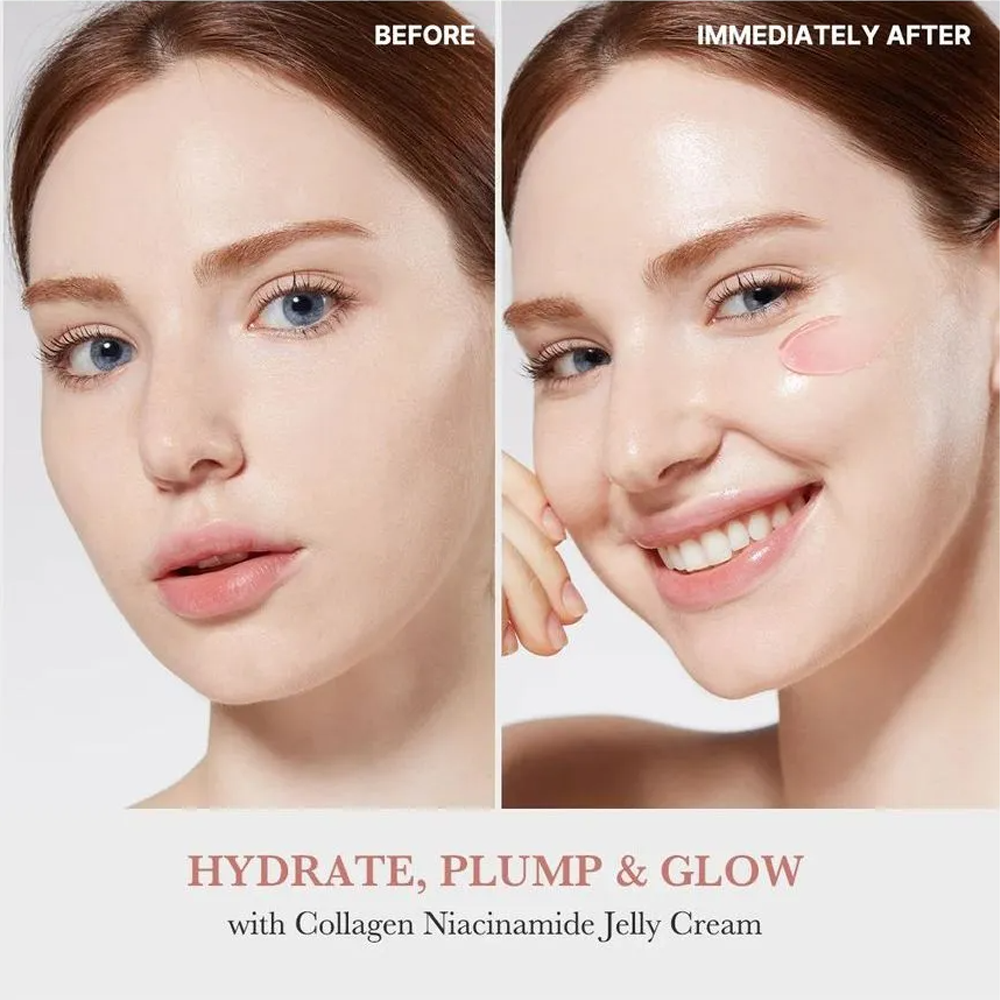 Image of girl promoting MEDICUBE Collagen Jelly Cream 110ml, featuring a hydrate pump