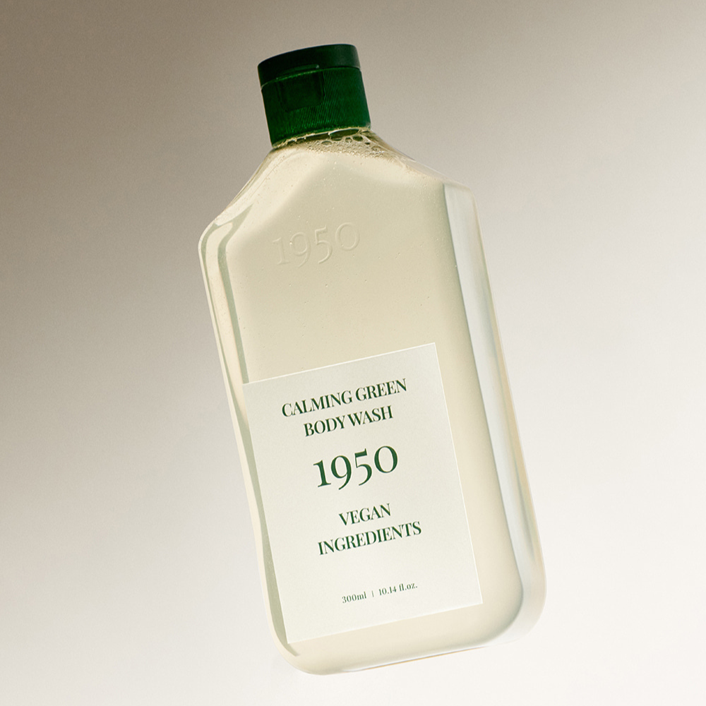 1950 Jeju calming green body wash in a 300ml bottle, offering a tranquil and refreshing cleansing experience.