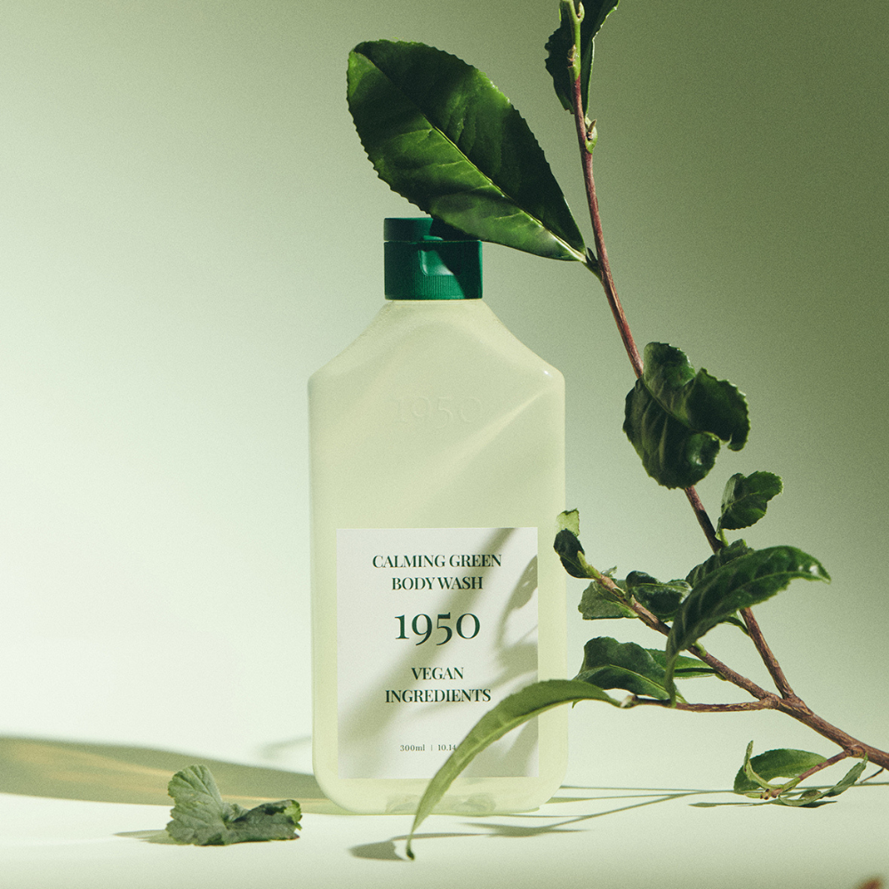 00ml bottle of 1950 Jeju calming green body wash, formulated for a soothing and revitalizing shower experience.