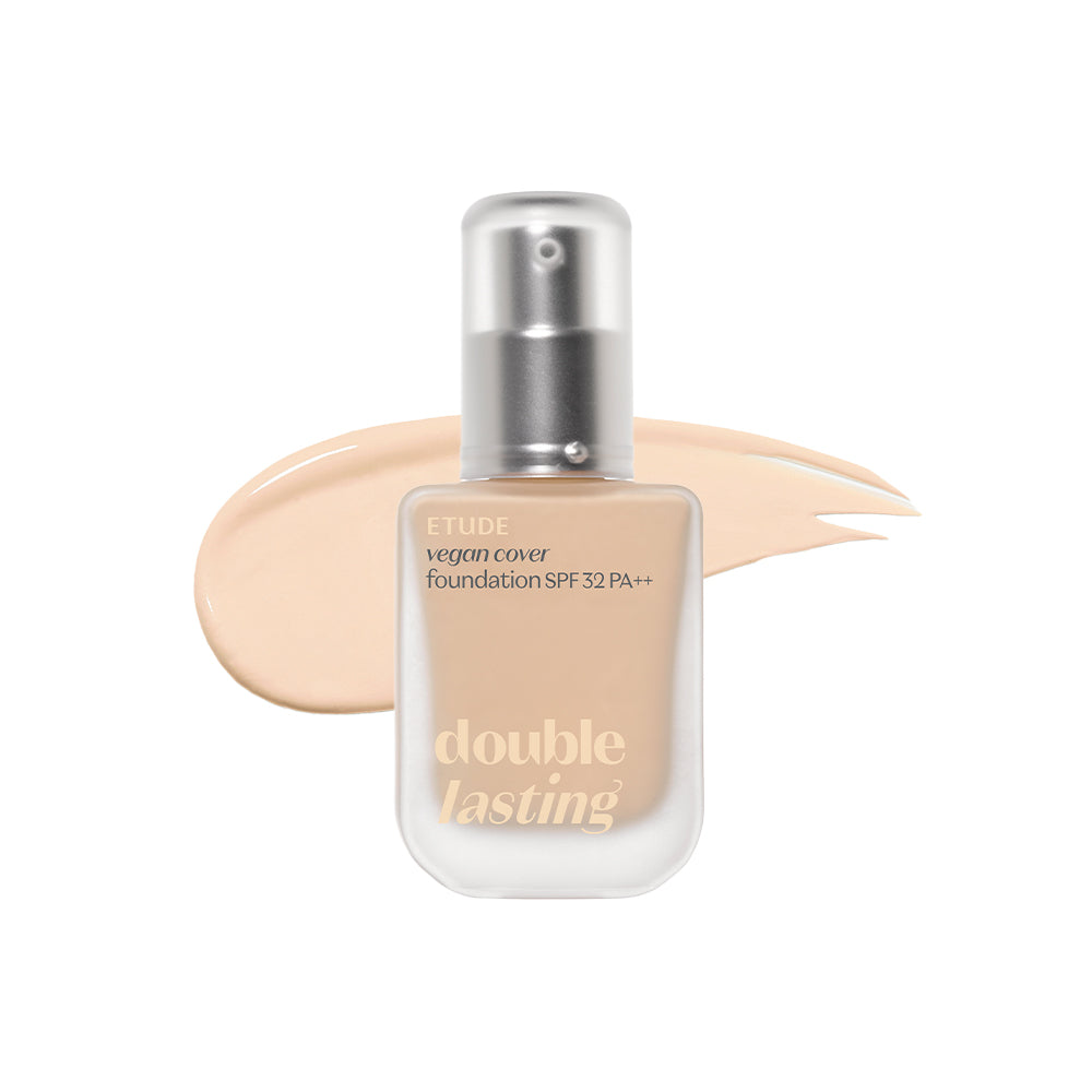 30g of ETUDE Double Lasting Vegan Cover Foundation, designed for a vegan-friendly, long-lasting, and flawless makeup look.