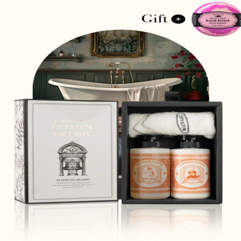 Optatum [Bath Bomb Gift/gift Packaging] Body Wash & Body Lotion Gift Set Happiness Booster (+ Hand Towel)