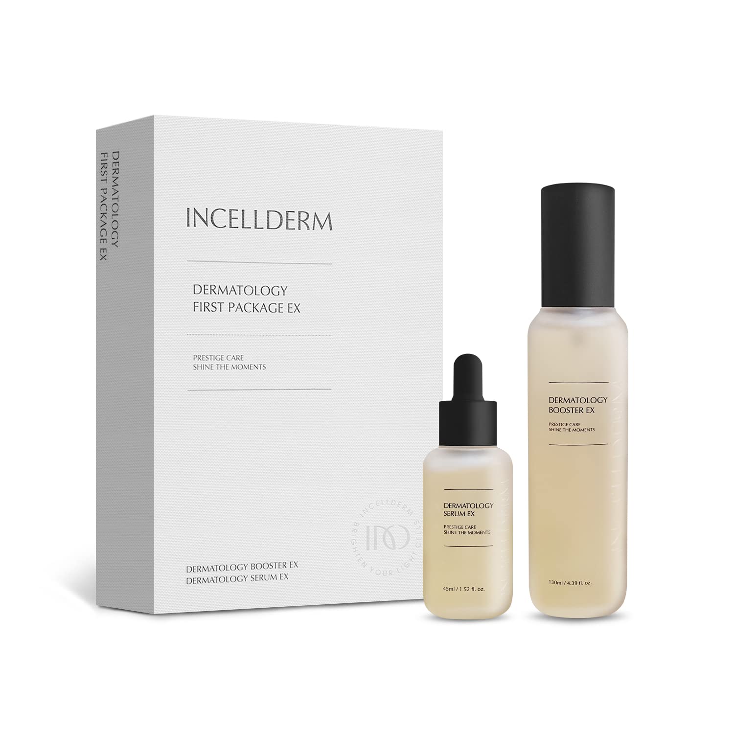 Incellderm Dermatology First Package: a comprehensive skincare set for all skin types, including cleanser, serum, moisturizer, and sunscreen.