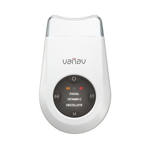 A close-up image of VANAV Skin Beam, a handheld device emitting red light for skincare treatment.
