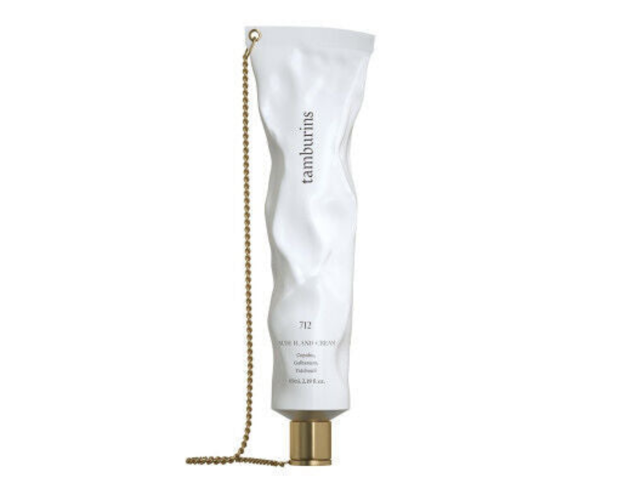 Chic TAMBURINS Chain Hand Cream packaging featuring a gold chain on the tube.