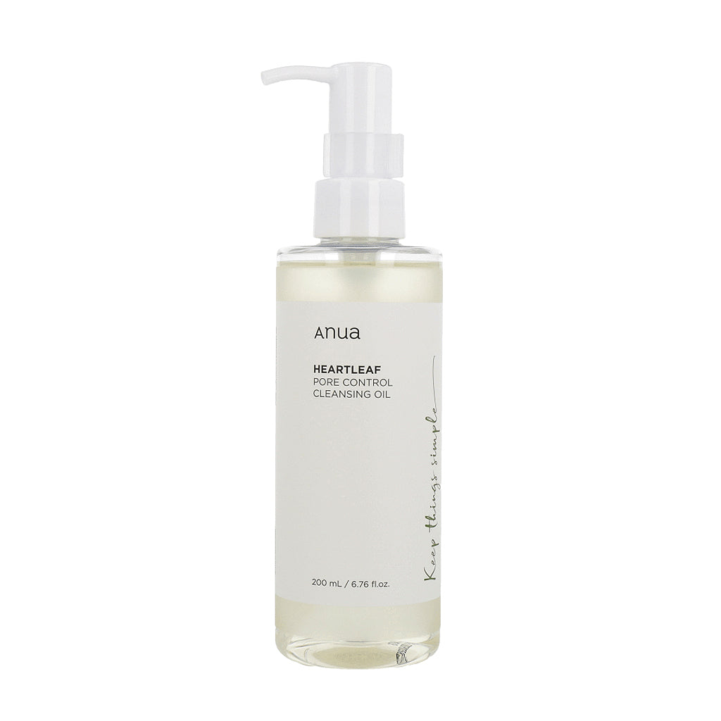 Anua Heartleaf Pore Control Cleansing Oil 200ml bottle featuring heart-shaped leaf, perfect for pore cleansing and control.