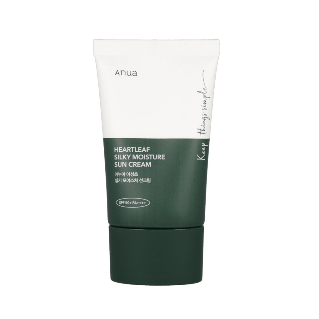 Anua Heartleaf Silky Moisture Sunscreen, a tube of face cream with green leaves, 50ml