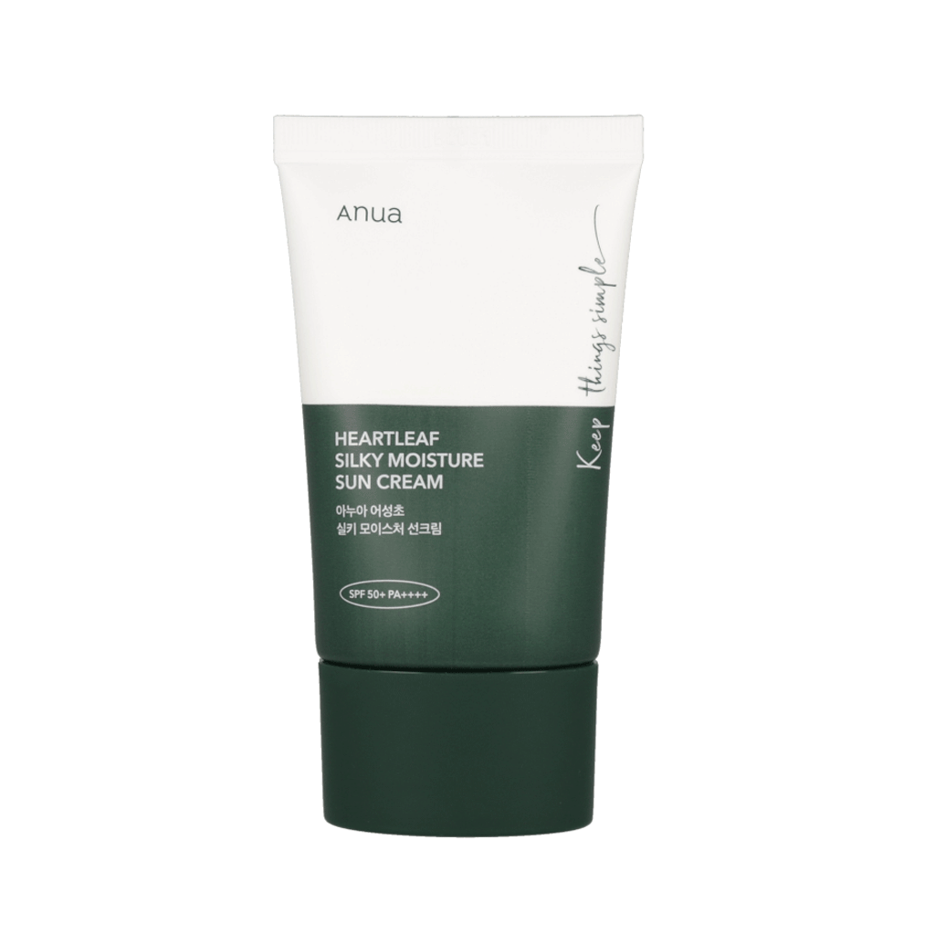 Tube of Anua Heartleaf Silky Moisture Sunscreen, 50ml, adorned with green leaves.