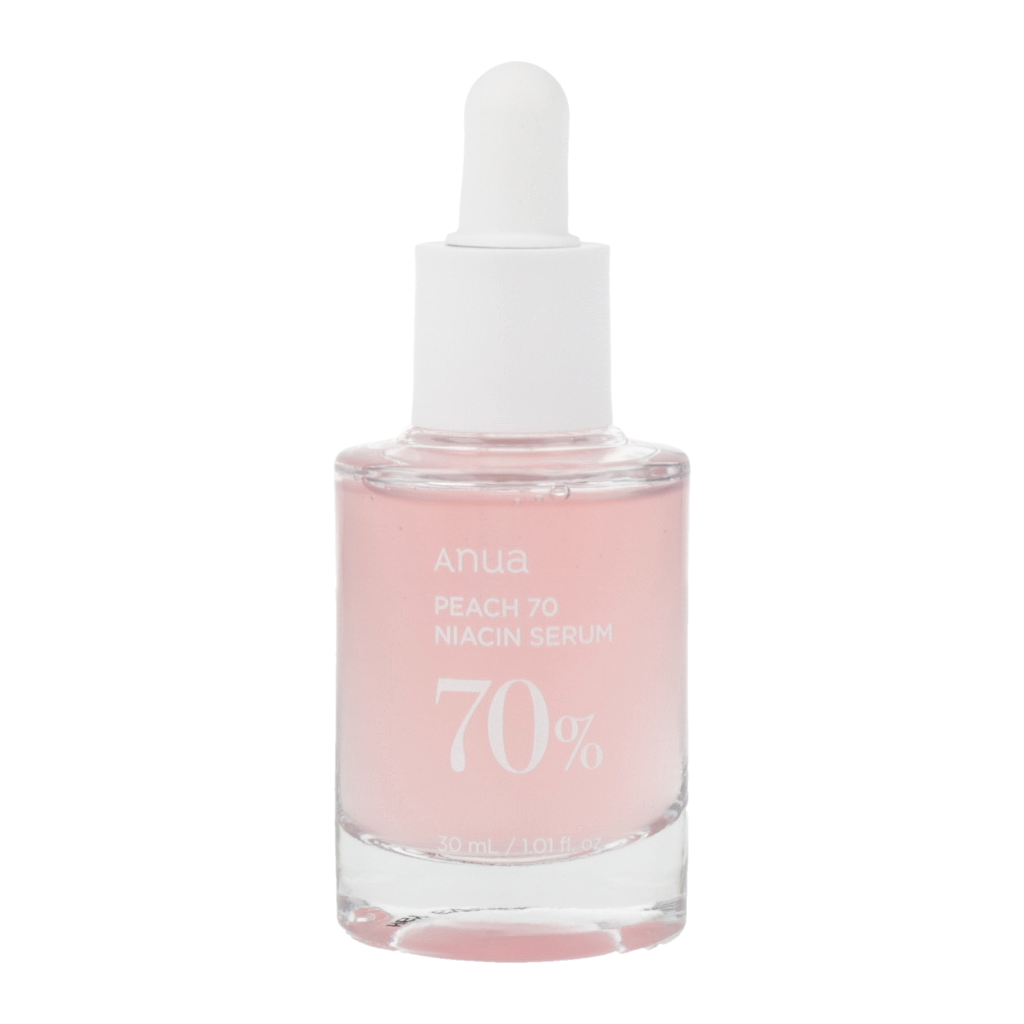A bottle of ANUA Peach 70 Niacin Serum, featuring peach and pearls, 70% oil content.