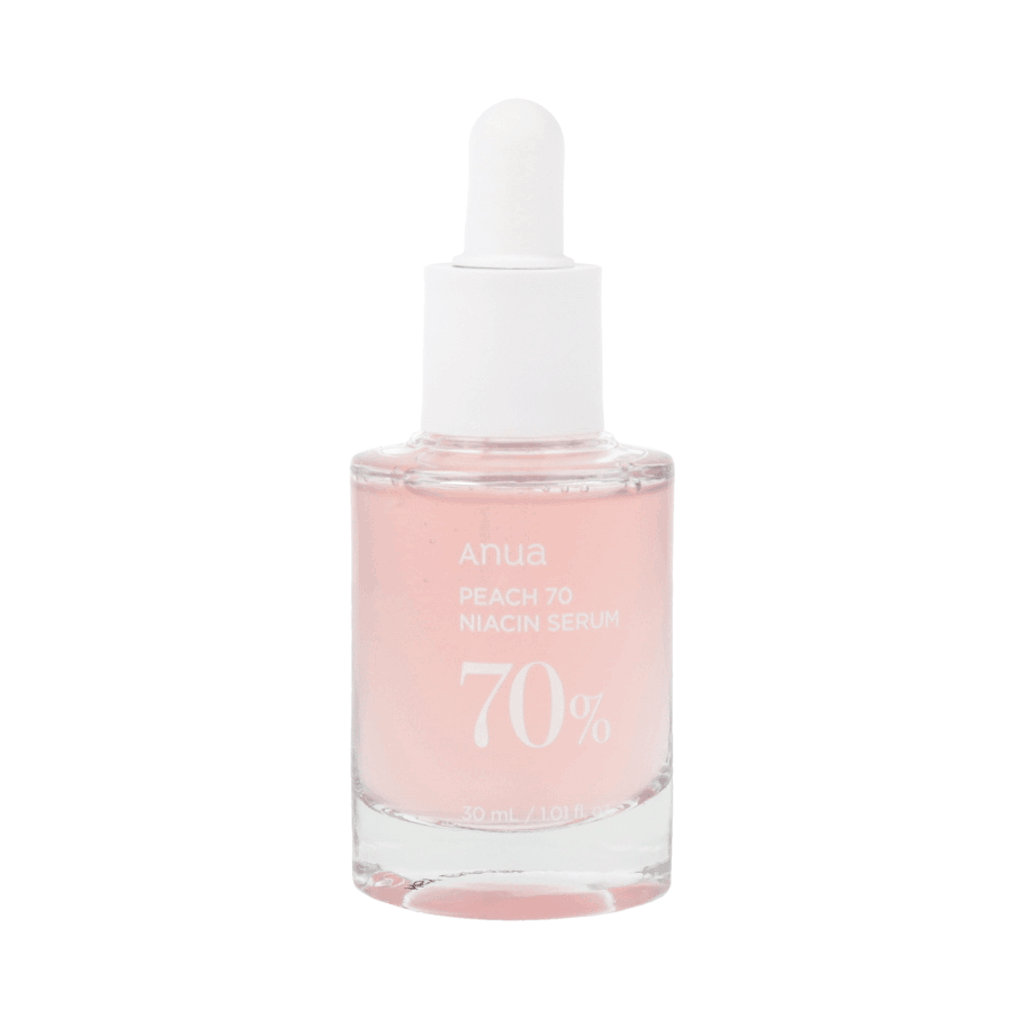 ANUA Peach 70 Niacin Serum 30ml with peach and pearls, 70% oil for radiant skin.