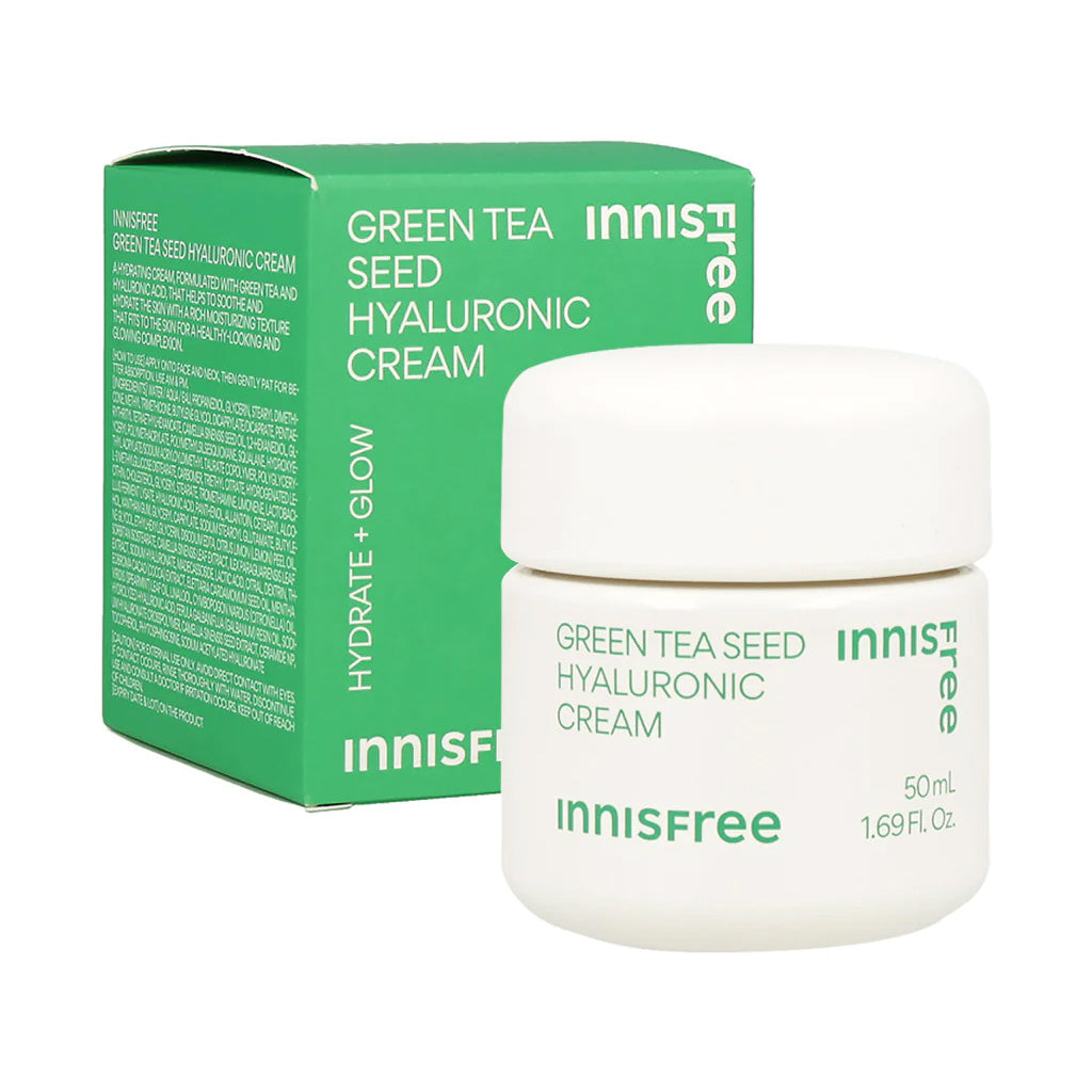 Hydrate your skin with the innisfree green tea seed hyaluronic cream, a 50ml jar packed with the benefits of green tea.