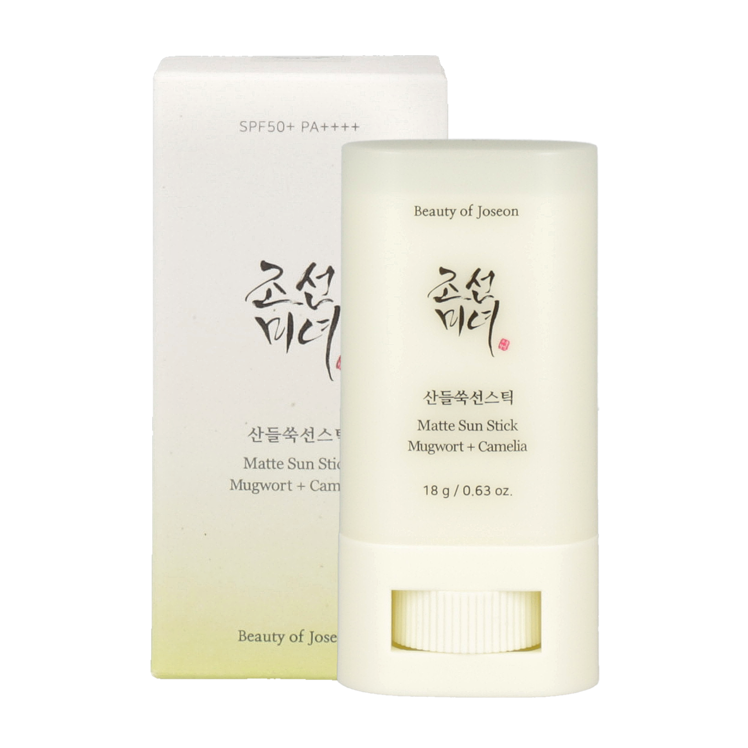 A 125-character alt text for the Beauty of Joseon Matte Sun Stick: "Beauty of Joseon Matte Sun Stick with Mugwort and Camelia, 18g."