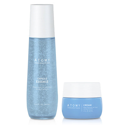 A part of Atomy Hydra Brightening Care Skincare Set, a bottle of water and blue container.