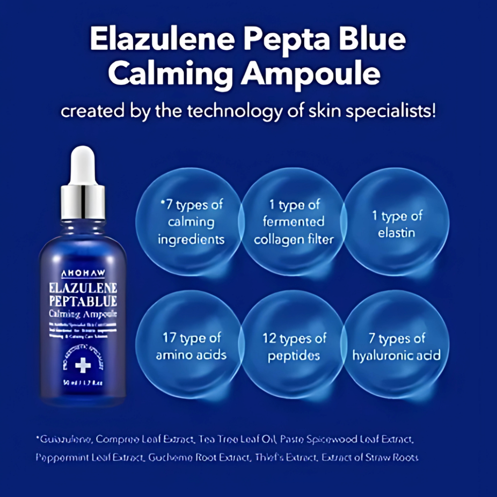 AHOHWA Elazulene Peptablue Calming Ampoule 50ml, a calming serum that hydrates and soothes, perfect for sensitive skin care.