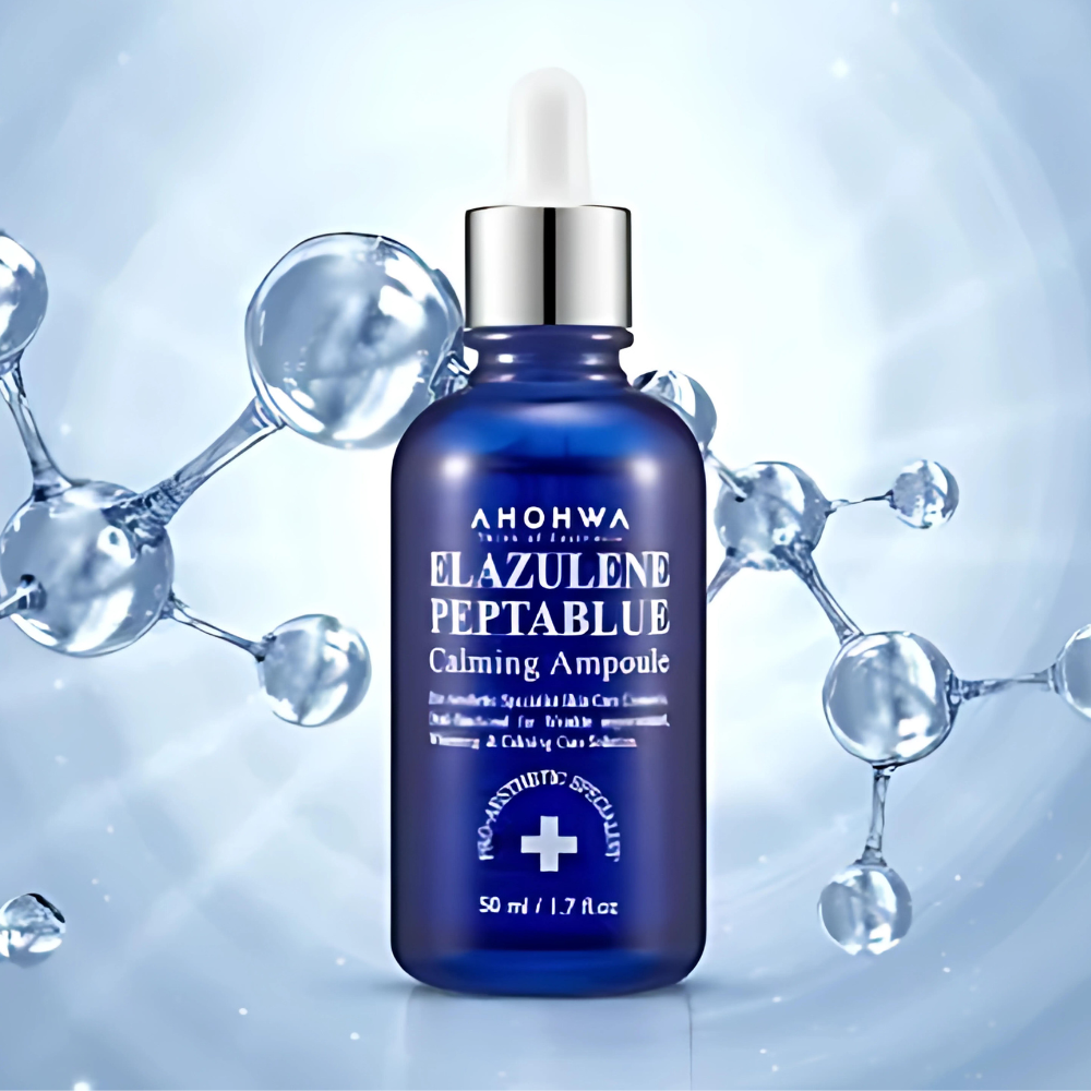 AHOHWA Elazulene Peptablue Calming Ampoule 50ml, a gentle serum that hydrates and calms irritated skin for a refreshed look.