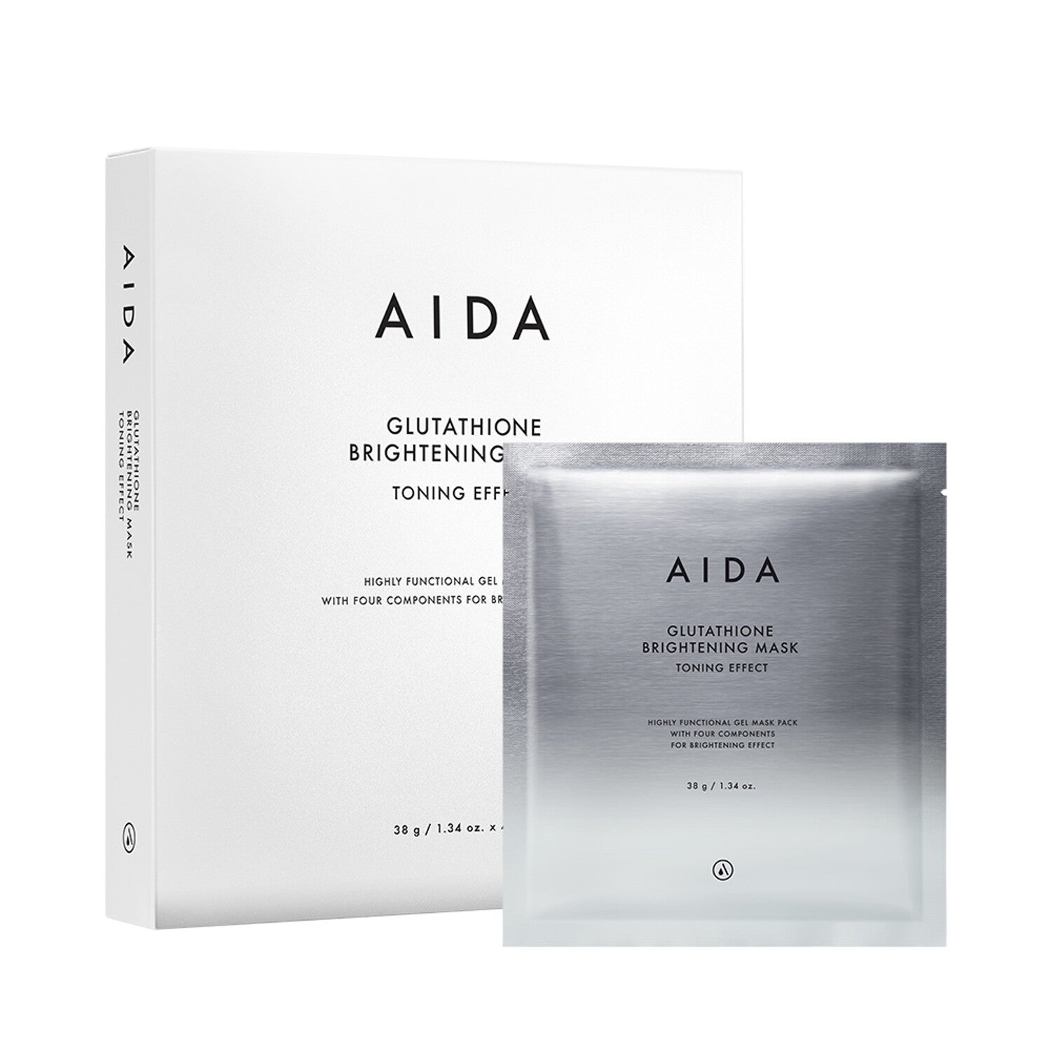 AIDA Glutathione Brightening Mask, 38g, four sheets designed to enhance skin tone and promote a radiant complexion.