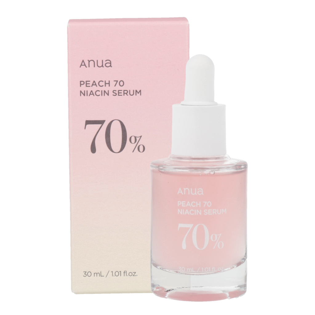 ANUA Peach 70 Niacin Serum 30ml - A bottle of peach-colored serum with 70% niacinamide, 30ml.