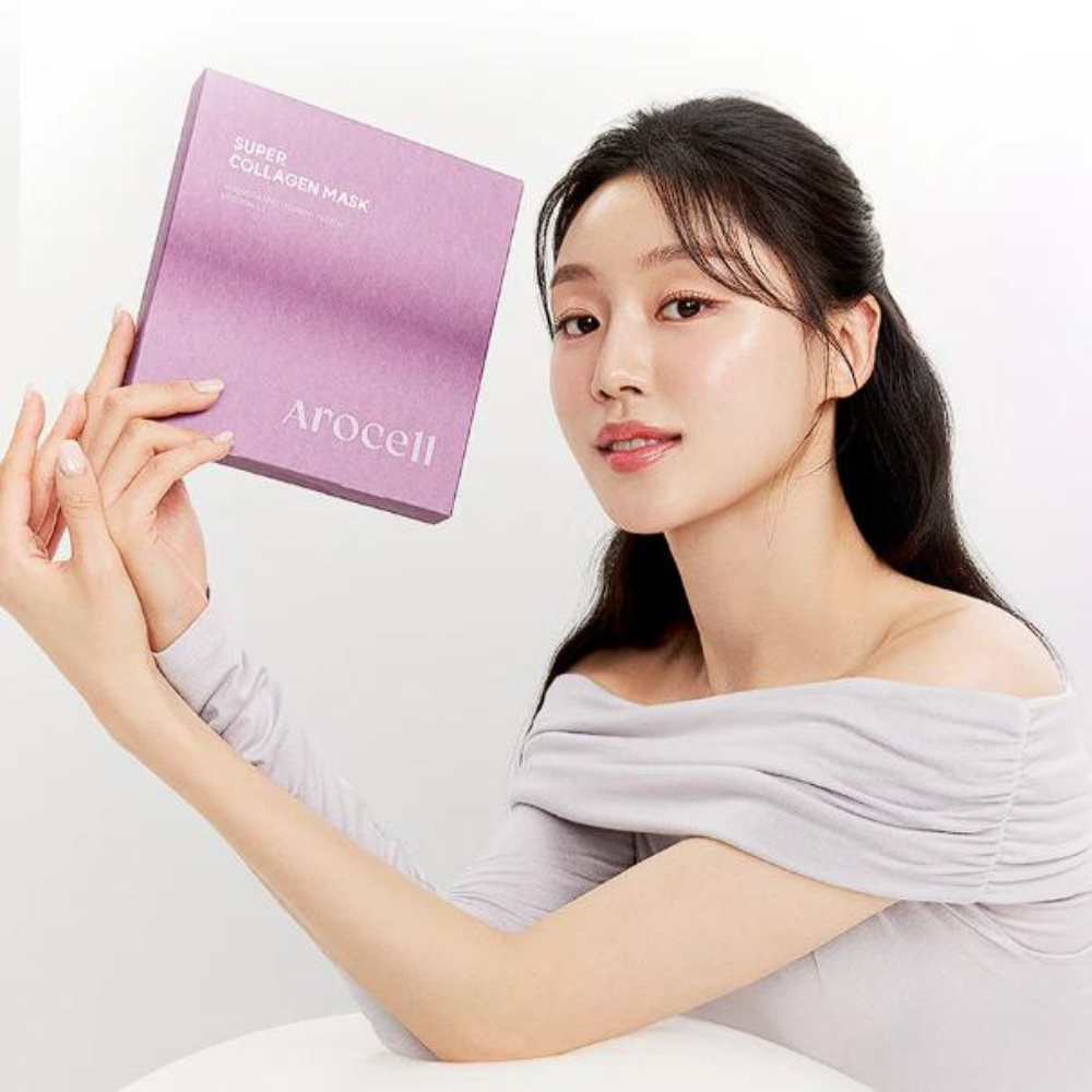 AROCELL Super Collagen Mask, featuring eight masks that promote skin rejuvenation and boost collagen levels for a youthful appearance.