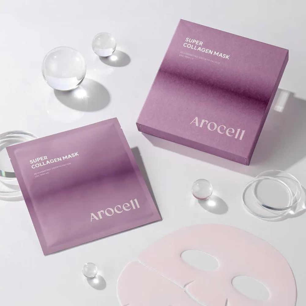 AROCELL Super Collagen Mask pack containing eight individual masks designed to enhance skin hydration and elasticity.