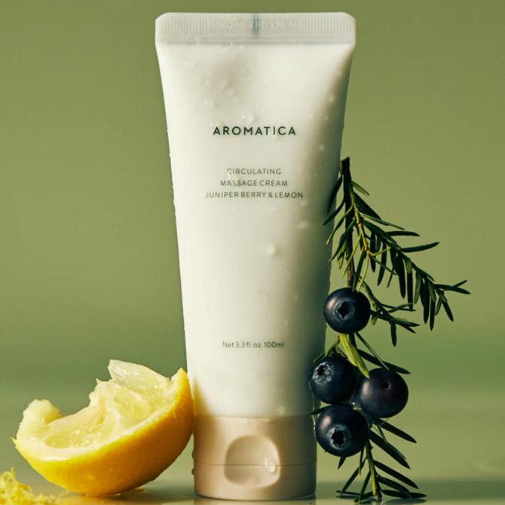 AROMATICA's 100ml massage cream blends Juniper Berry & Lemon, designed to invigorate and relax your muscles.