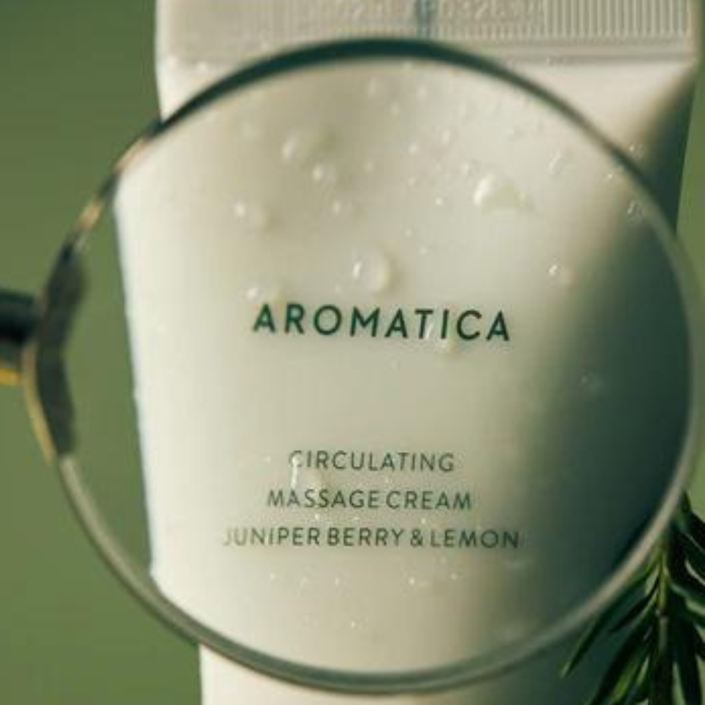 AROMATICA Circulating Massage Cream, 100ml, infused with Juniper Berry & Lemon for a refreshing and soothing massage experience.