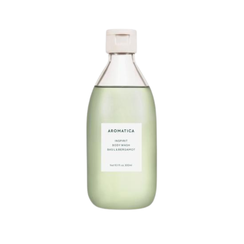 AROMATICA Inspirit Body Wash in Basil & Bergamot, 300ml bottle, featuring a refreshing herbal scent for invigorating cleansing.