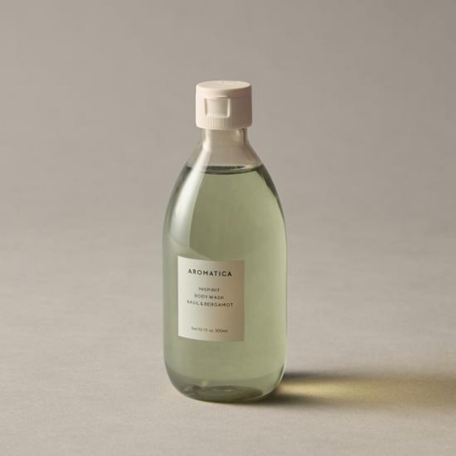 AROMATICA Inspirit Body Wash, 300ml, combines Basil & Bergamot for a refreshing and uplifting cleansing experience.