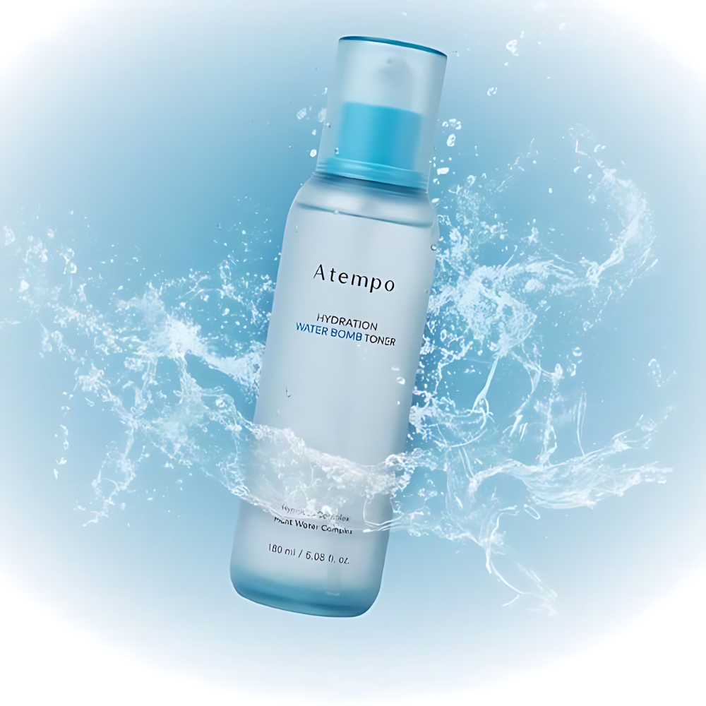 A 180ml bottle of ATEMPO Hydration Water Bomb Toner, promoting intense hydration and revitalization for the skin.