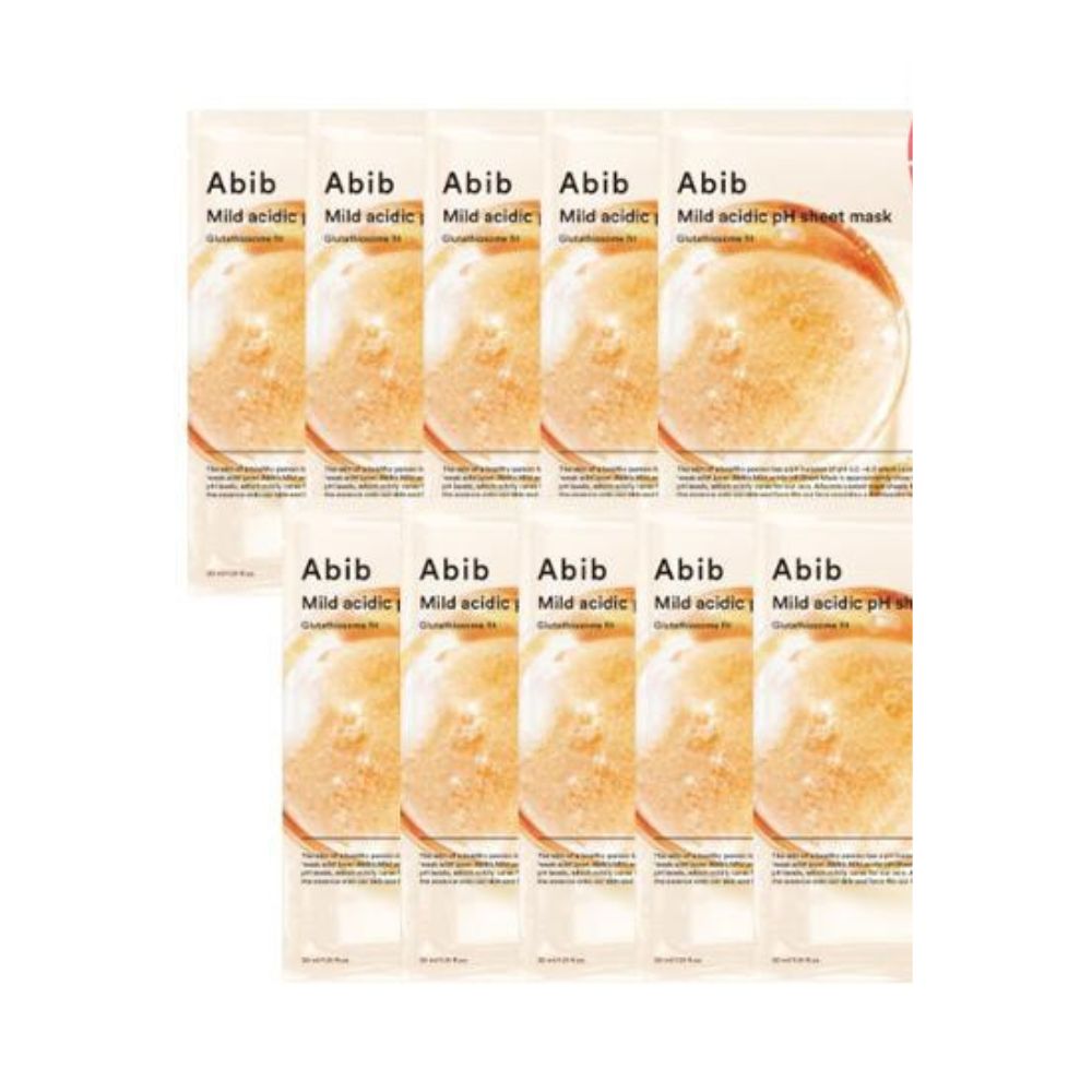 The Abib Mild Acidic pH Sheet Mask Glutathiosome Fit 10ea is a set of 10 sheet masks designed to maintain the skin's natural pH balance while delivering powerful antioxidant benefits. 