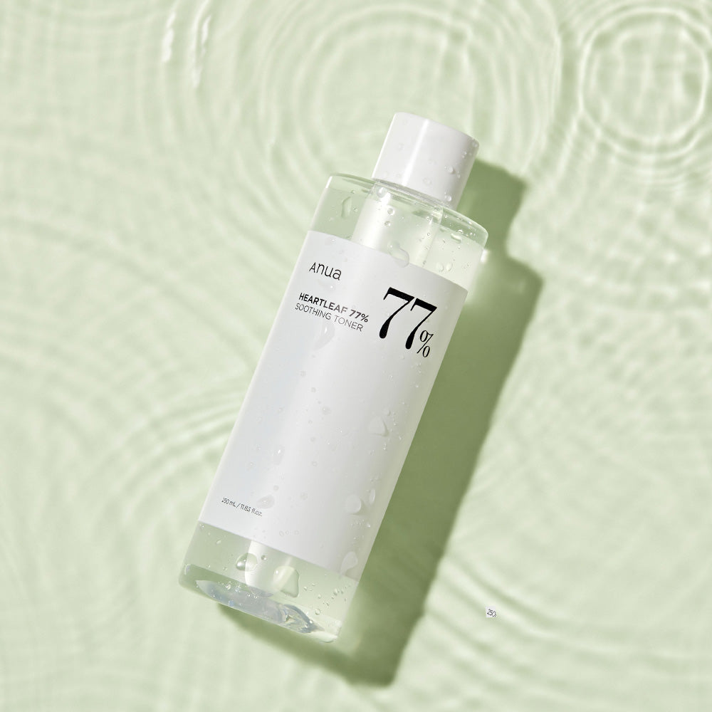 250ml / 8.45 fl.oz. Anua Heartleaf 77% Soothing Toner bottle on white surface.