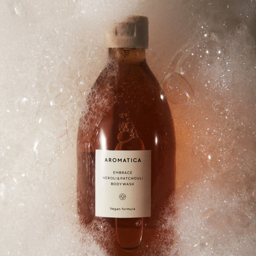 Aromatica Embrace Body Wash/Lotion, 500ml, infused with Neroli & Patchouli for a calming and aromatic shower experience.