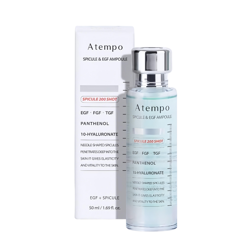 Atempo Spicule 200shot and EGF Ampoule 50ml, showcasing skincare products designed for rejuvenation and hydration.