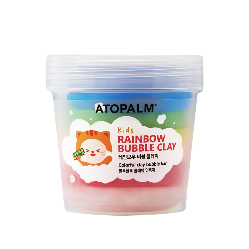 Colorful Atopalm Kids Rainbow Bubble Clay 210g container with playful design, perfect for children's skincare routine.