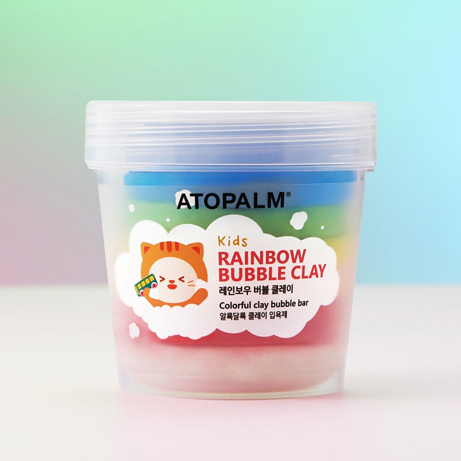 Vibrant Atopalm Kids Rainbow Bubble Clay 210g jar featuring a fun rainbow design, ideal for kids' skincare regimen.