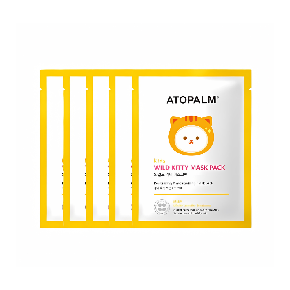 A pack of 5 Atopalm Kids Wild Kitty Mask Sheets, each containing 15g of product.