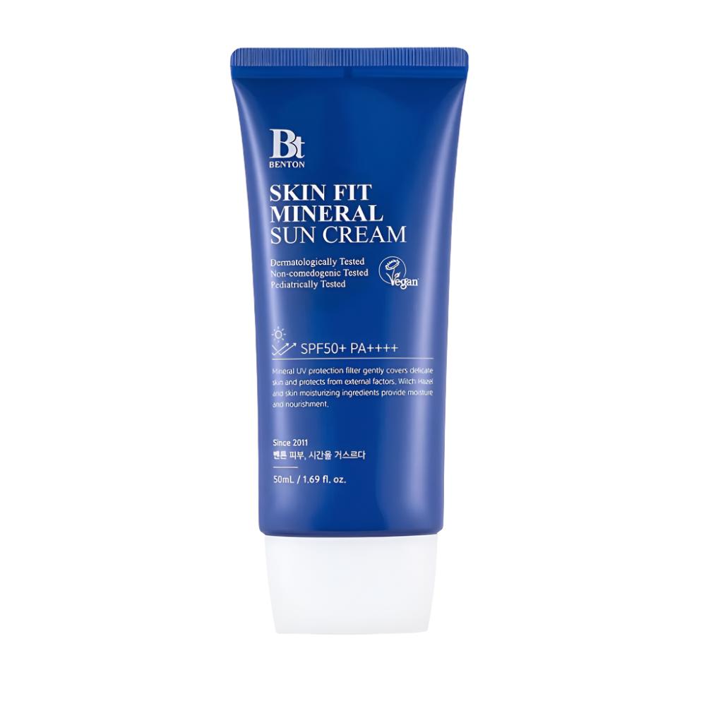 The BENTON Skin Fit Mineral Sun Cream SPF50+/PA++++ 50ml provides high-level sun protection with a focus on mineral-based ingredients.