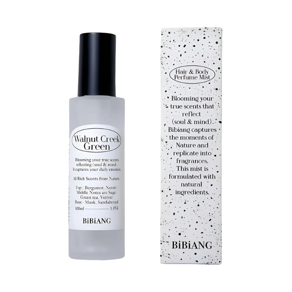 Refresh your senses with the BIBIANG Hair & Body Perfume Mist in Walnut Creek Green. This 100ml mist delivers a light and captivating fragrance, combining earthy and green notes that evoke the fresh, calming ambiance of nature. 