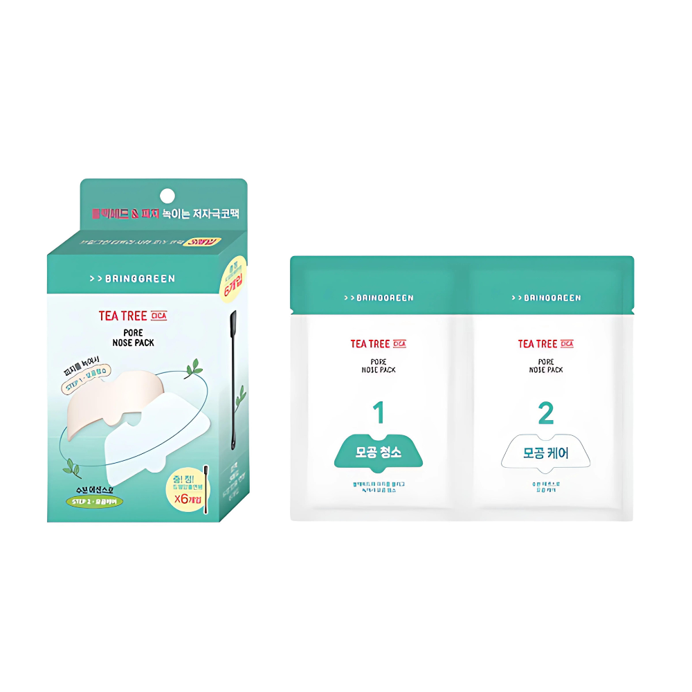 BRING GREEN Tea Tree Cica Nose Pack, a set of 10, formulated to purify and calm the nose area for clearer skin.