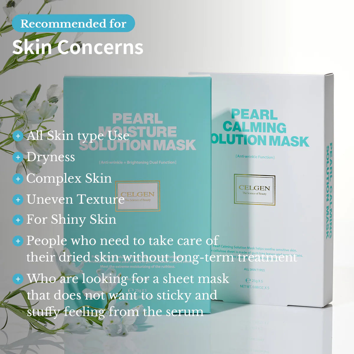 CELGEN Pearl Moisture Solution Mask 25g 5ea- pack containing five masks aimed at moisturizing and rejuvenating the skin.