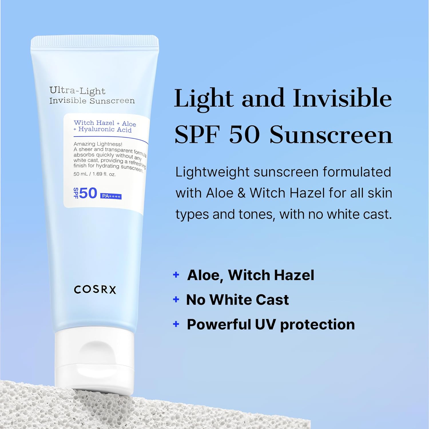 50ml COSRX Ultra-Light Invisible Sunscreen SPF50+ PA++++ with sun protection factor 50.