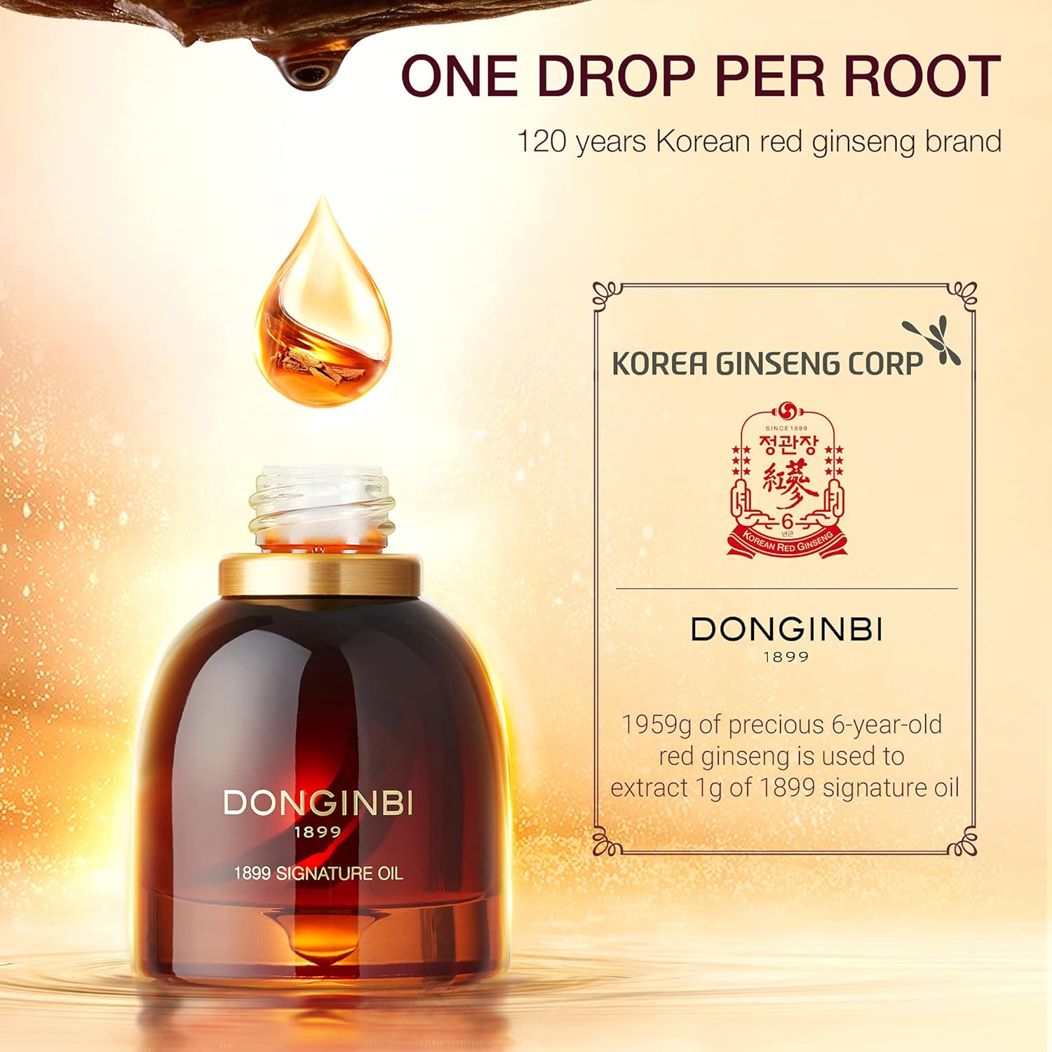 The image shows a bottle of DONGINBI 1899 Signature Oil with a droplet of oil above it. Text reads, "ONE DROP PER ROOT," "120 years Korean red ginseng brand," and "1959g of precious 6-year-old red ginseng is used to extract 1g of 1899 signature oil." A logo for Korea Ginseng Corp is also displayed.