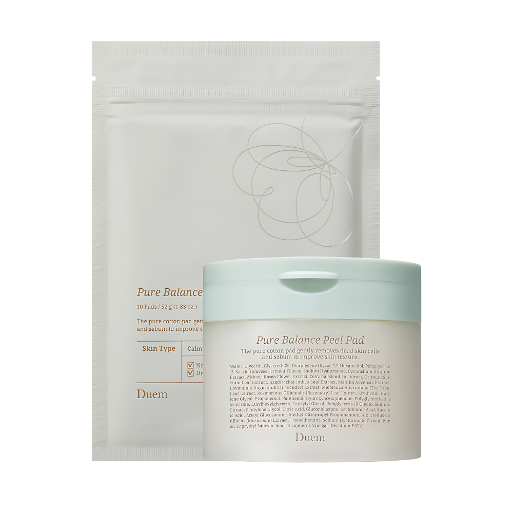 DUEM Pure Balance organic cotton peel pads, 50 count with 10 refill pads, designed for gentle skin care and cleansing.