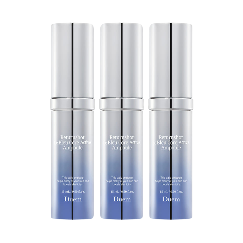 DUEM Returnshot Le Bleu Core Active Ampoule, 15ml, pack of 3, designed for revitalizing and enhancing skin vitality.