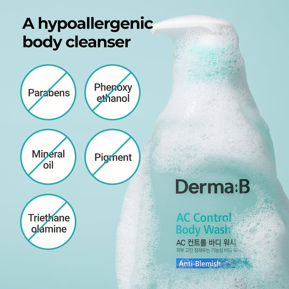 A 420ml bottle of Derma-B AC Control Body Wash, crafted to cleanse and soothe acne-prone skin effectively and gently.