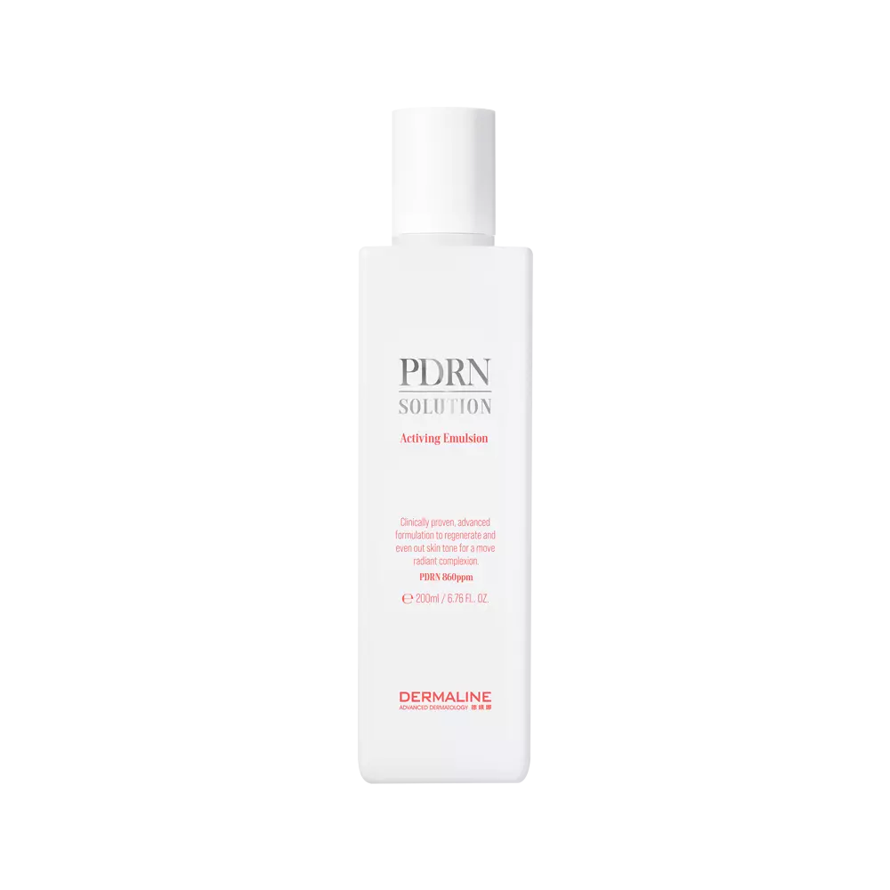 A 200ml bottle of Dermaline PDRN Solution Activating Emulsion, a skincare product designed to rejuvenate and hydrate the skin.