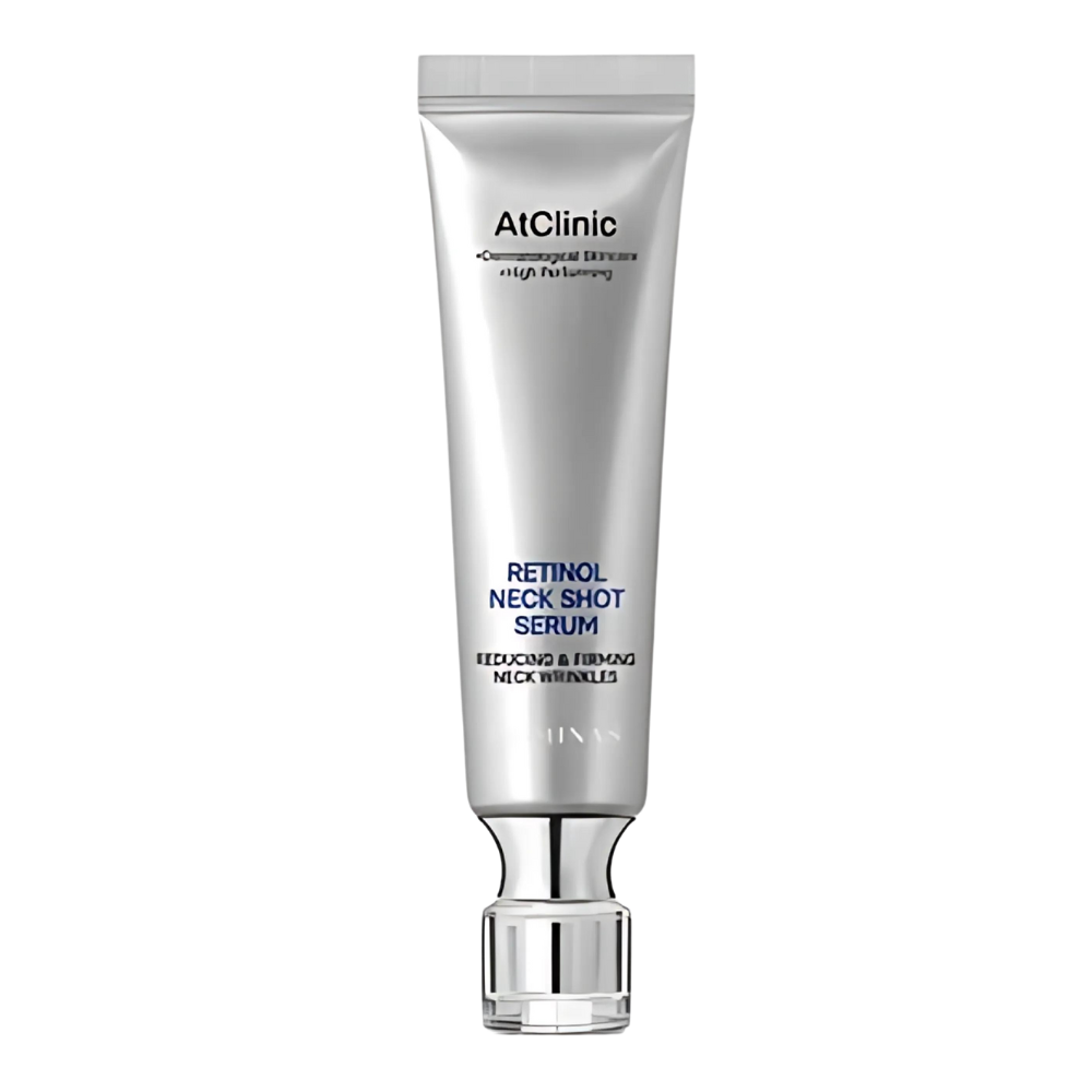 A 30ml bottle of Dominas AtClinic Retinol 1600 Neck Shot Serum, designed to target the neck area with powerful retinol for skin rejuvenation.