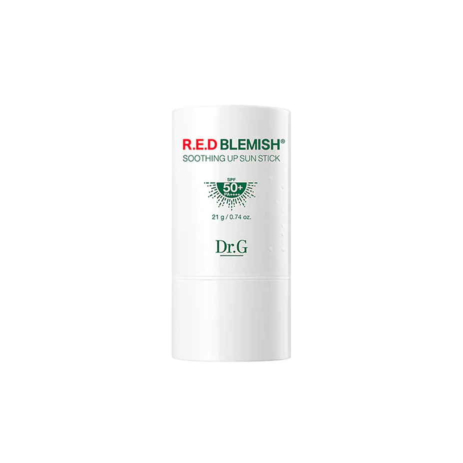 Image of Dr.G R.E.D Blemish Soothing Up Sun Stick in a 21g container. This sun stick provides sun protection while soothing and calming blemish-prone skin. The compact, easy-to-use packaging features the brand name and product details