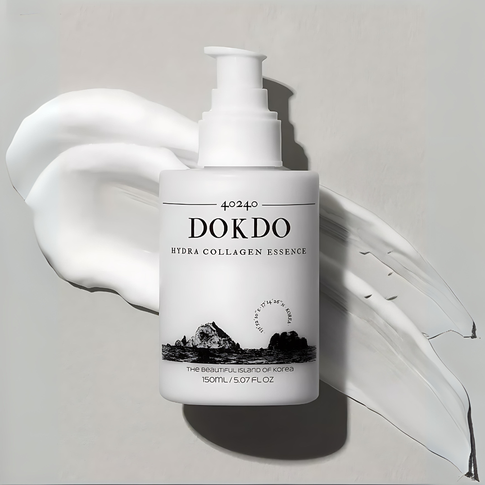 Close-up of Dr.LeE 40240 Dokdo Hydra Collagen Essence 150ml skincare product.