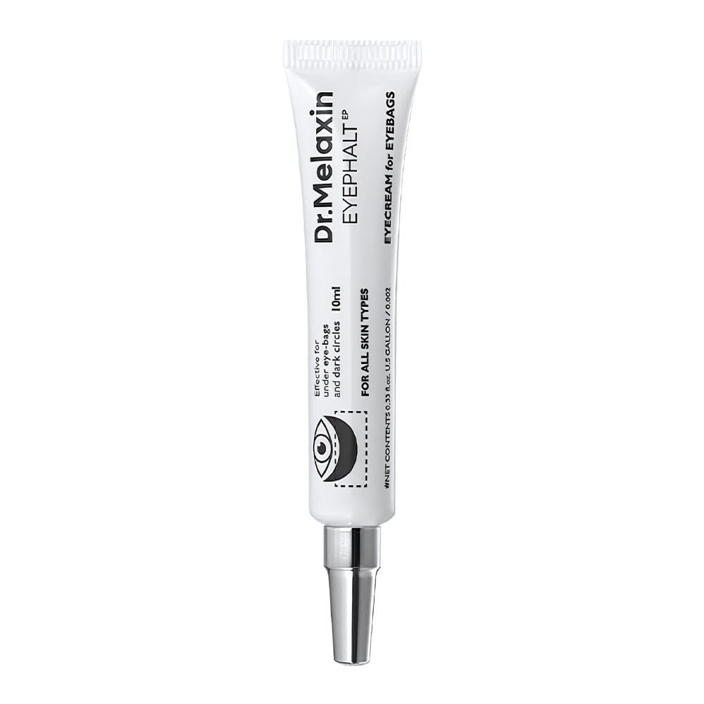 Dr. Melaxin Eyephalt Eyecream in a 10ml tube, designed to reduce eyebags and brighten the under-eye area.